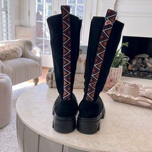 NWT Farm Rio Tall Black Suede Boots With Grosgrain Ribbon